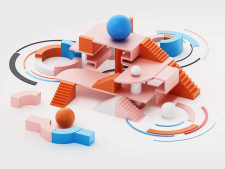 Group of minimal 20s 3D geometric shapes arranged together. 3D illustration.