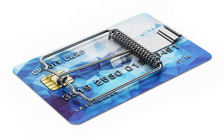 Credit card with mouse trap isolated on white background. 3D illustration.