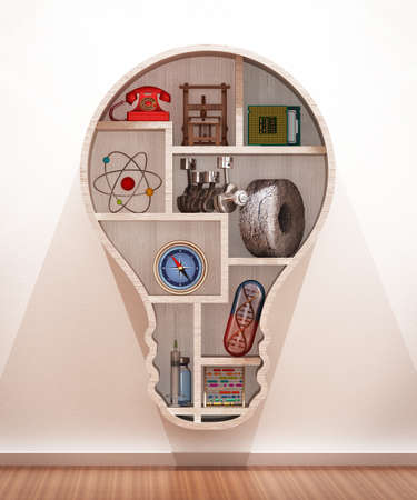 Objects representing important inventions in history standing on lightbulb shaped shelves. 3D...