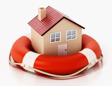 House inside life buoy isolated on white background. Insurance and safety concept. 3D illustration.の写真素材