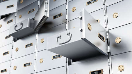 Bank deposit boxes with some open drawers. 3D illustration.