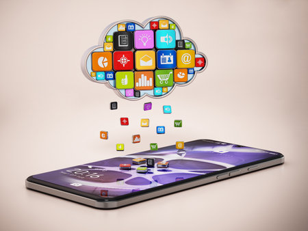 Raining digital apps on the smartphone from cloud shaped application store. 3D illustration.の写真素材