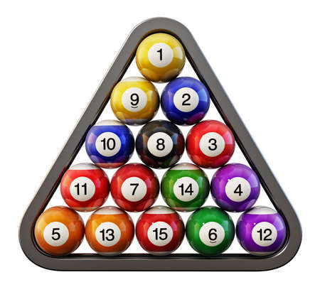 Pool or billiard balls arrangement inside billiards triangle. 3D illustration.の写真素材