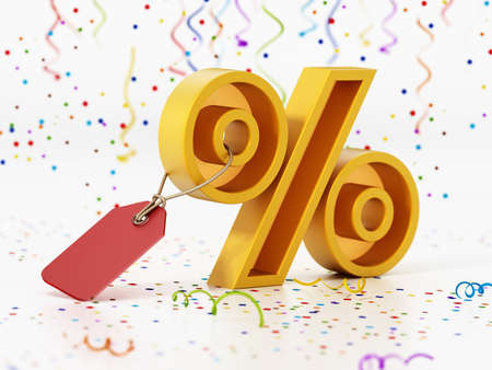 Confettis falling over percentage sign with discount tag. 3D illustration.の写真素材