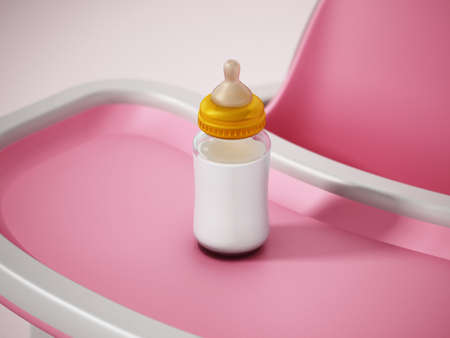 Baby bottle with milk standing on baby high chair table. 3D illustration.の写真素材