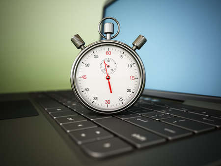Chronometer standing on laptop keyboard. 3D illustration.