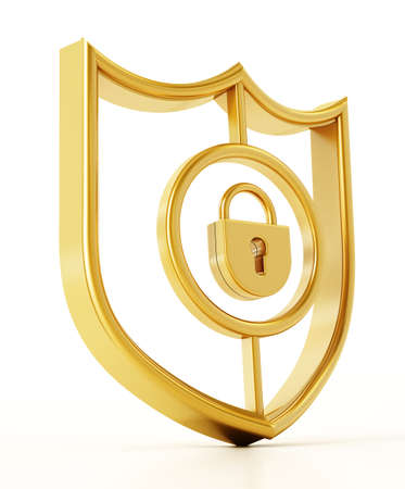 Padlock symbol inside gold shield. 3D illustration.の写真素材