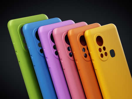 Silicone smartphone covers isolated on black background. 3D illustration.の写真素材