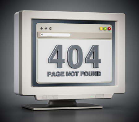 Retro monitor with 404 page not found connection error code on webpage. 3D illustration.