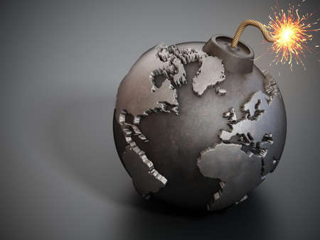 World map shaped bomb with burning fuse. 3D illustration.の写真素材