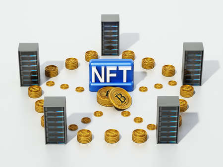 Crypto coins connecting data servers with NFT word at the center. 3D illustration.の写真素材