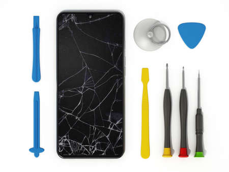 Repair tools and smartphones with broken screens isolated on white background. 3D illustration.
