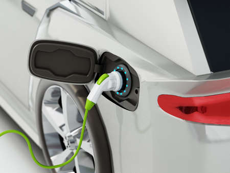 Electric car plugged to charging station. 3D illustration.