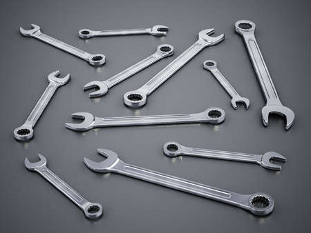 Set of wrenches standing on gray background. 3D illustration.