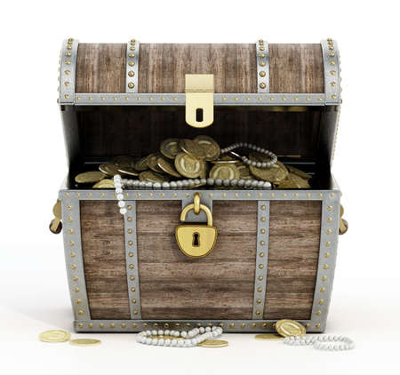 Treasure chest full of antique gold coins and jewels isolated on white background. 3D illustration.の写真素材