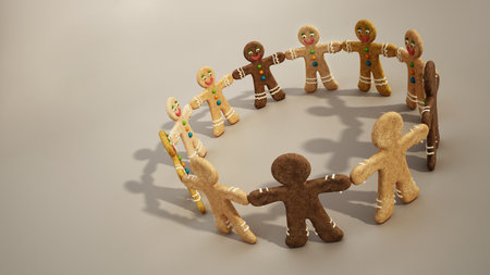 Gingerbread cookie men holding hands isolated on white. 3D illustration.の写真素材
