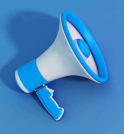 Megaphone standing on blue background. 3D illustration.の写真素材