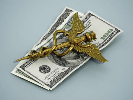 Gold caduceus symbol standing on dollar bills. 3D illustration.の写真素材