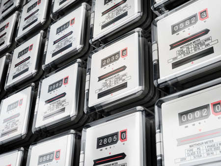 Large group of electricity meters. 3D illustration.の写真素材