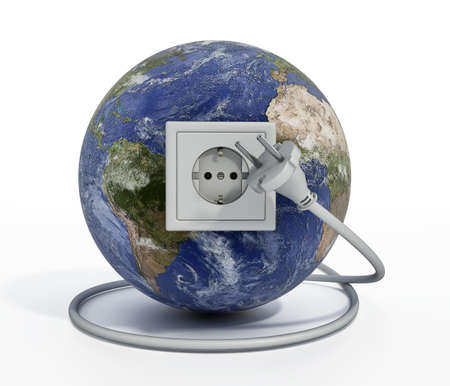 Earth with power socket and plug. 3D illustration.の写真素材