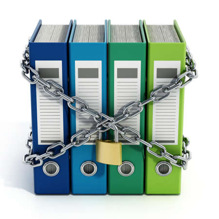 Group of folders wrapped with chains and padlock. 3D illustration.の写真素材