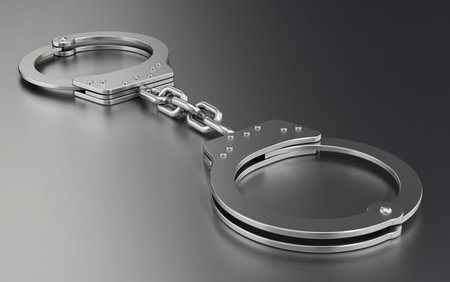 Handcuffs standing on gray background. 3D illustration.の写真素材