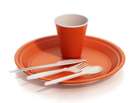 Set of orange plastic dishware isolated on white background. 3D illustration.の写真素材