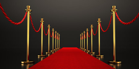 Red carpet and velvet ropes isolated on dark background. 3D illustration.の写真素材