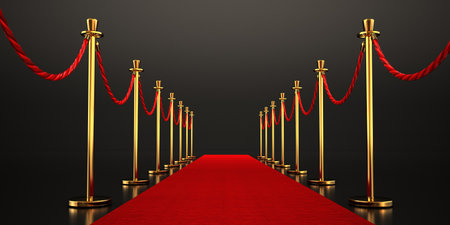 Red carpet and velvet ropes isolated on dark background. 3D illustration.の素材 [FY310195224299]