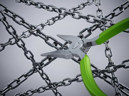 Long nose pliers cutting chains. 3D illustration.