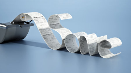 Save word forming from printing calculator receipts. 3D illustration.の写真素材