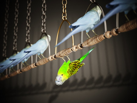 Green bird stands out from the crowd. Individuality concept. 3D illustration.の写真素材