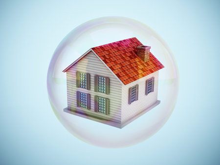 House inside a floating bubble. Real estate bubble concept. 3D illustration.の写真素材