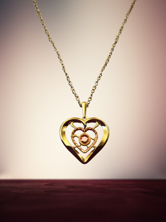 Gold heart necklace decorated with ruby gemstones.の写真素材