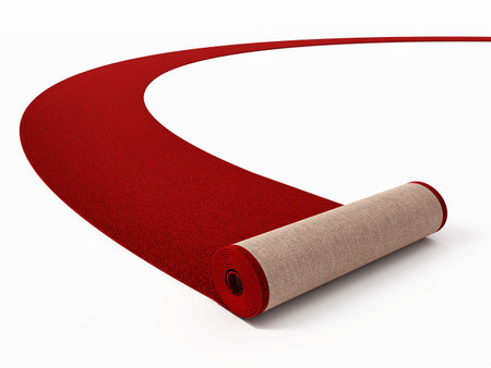 Rolling red carpet isolated on white background. 3D illustration.の写真素材