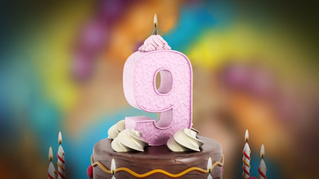 Birthday cake with lit number 9 candles. 3D illustration.の写真素材