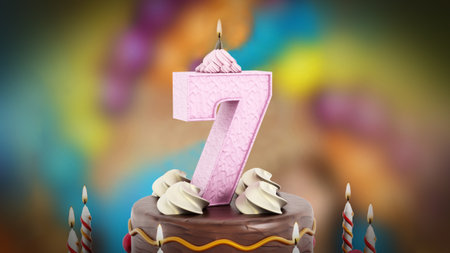 Birthday cake with lit number 7 candles. 3D illustration.の写真素材