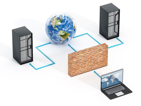 Network security concept with a brick wall in front of laptop computer. 3D illustration.の写真素材