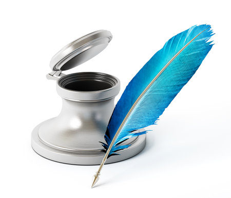 Ink bottle and quill isolated on white background. 3D illustration.の写真素材