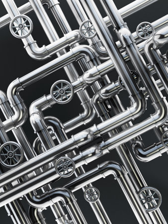 Metal water pipes isolated on black. 3D illustration.