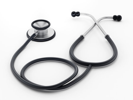 Stethoscope standing on white surface. 3D illustration.の写真素材