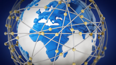 Global network concept with dots connecting intersection points. 3D illustration.