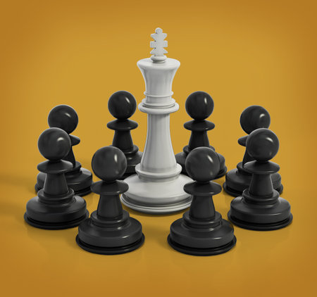 White Chess king surrounded with black pawns. 3D illustration.の写真素材