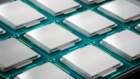 Row of generic brandless microprocessors or CPUs. 3D illustration.