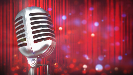 Vintage microphone on red curtain backgound. 3D illustration.の写真素材