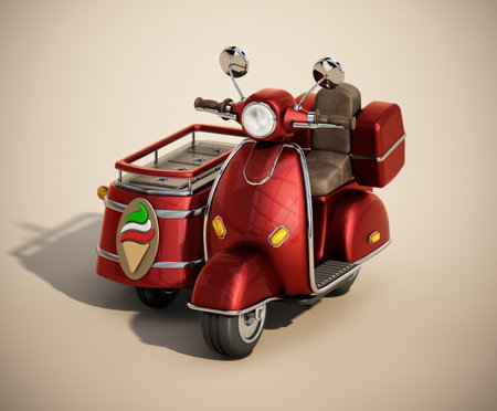 Classic vintage scooter and ice cream cart. 3D illustration.の写真素材