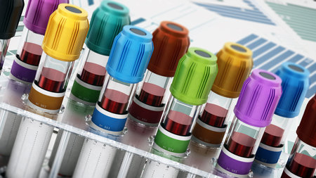 Blood vials with vibrant colored lids standing on medical forms. 3D illustration.の写真素材