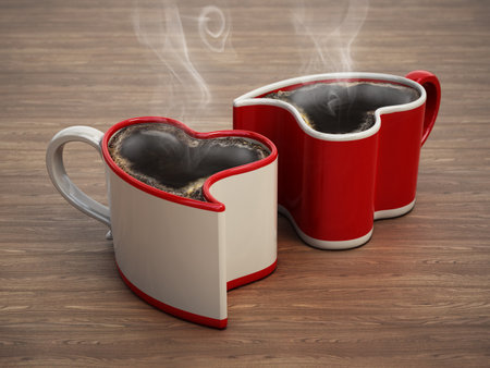 Heart shaped coffee cups on wooden table. 3D illustration.の写真素材