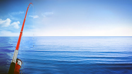 Fishing rod against sea and clear sky background. 3D illustration.の写真素材