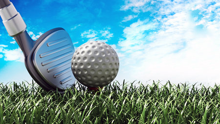 Golf club and ball standing on green grass. 3D illustration.の写真素材